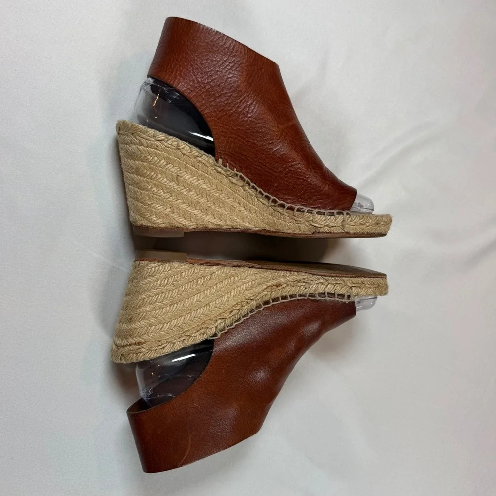 Celine Slingback Brown Leather Espadrille Wedge Sandals Open Toe Ankle Strap 38g